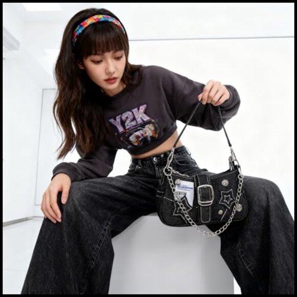 Y2K Mini Shoulder Bag Star Embroidery Retro Goth Style Chain Strap Purse - Picture 2 of 6